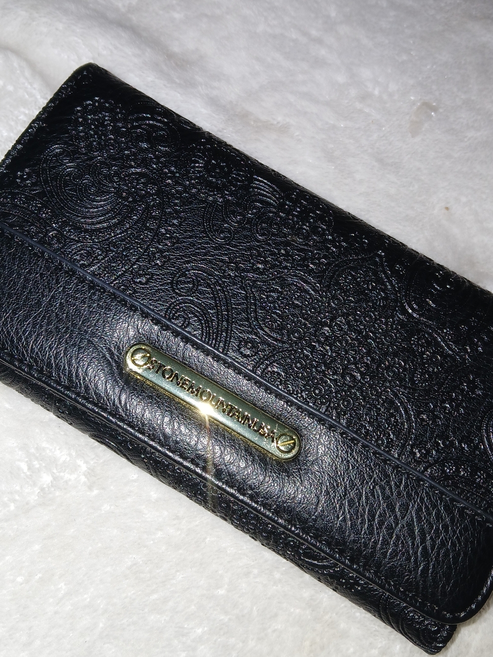 Stone Mountain Accessories Black Embossed Leather Wallet + Gold Logo [NWOT]